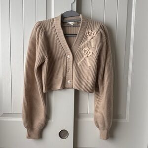 LoveShackFancy Cream Knit Cardigan with Floral Accents